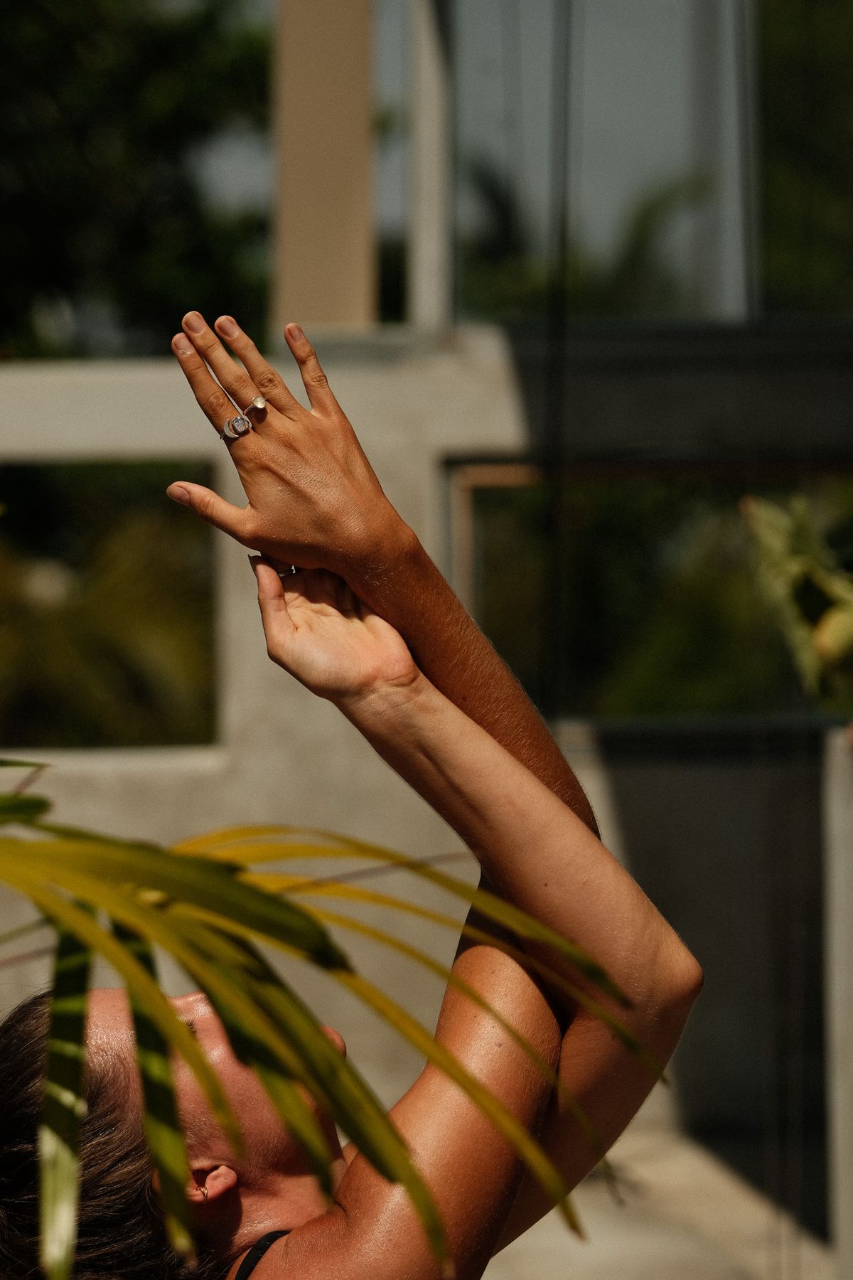 Hands reaching up past palm leaves