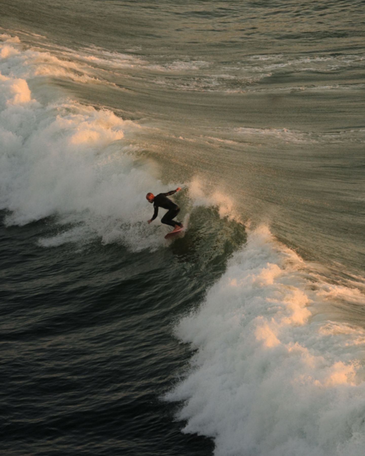 Surfer riding down the face of a wave, the white water lit warm by the evening sun