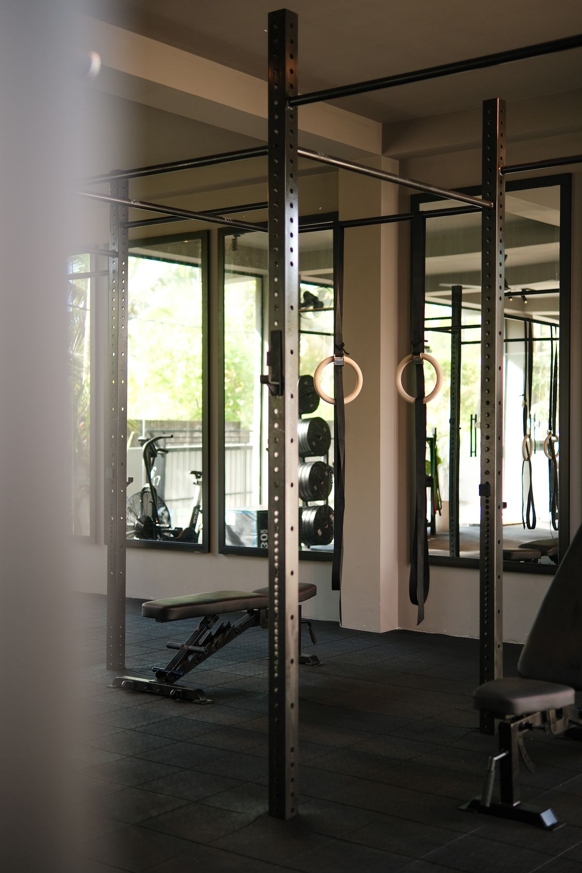 Gym with racks and pull-up bars, sunlight through the glass front